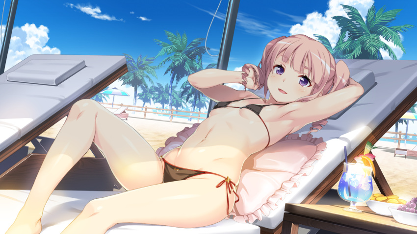 arm_up armpits beach bikini black_bikini blue_sky breasts chair cocktail day drill_hair evenicle_(series) evenicle_2 female game_cg looking_at_viewer lounge_chair lying non-web_source on_back outdoors palm_tree parted_lips pink_hair purple_eyes rona_heinlein sand shade side-tie_bikini_bottom sky small_breasts smile solo sunlight swimsuit takkun_(alicesoft) tree twin_drills