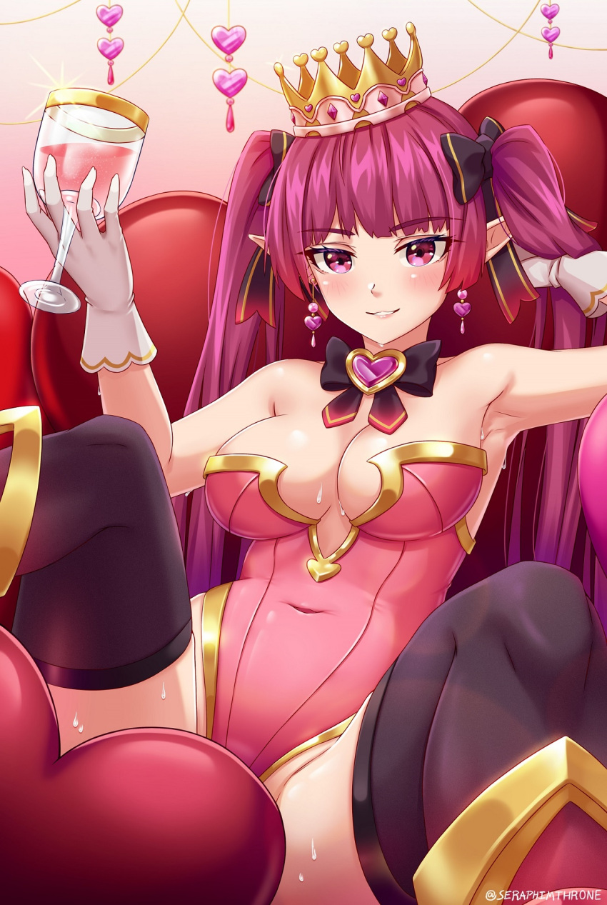 armpits artist_name black_thighhighs blunt_bangs bow breasts cleavage collarbone commentary crown earrings female gloves gold_trim hairbow heart highres holding jewelry leotard long_hair looking_at_viewer medium_breasts open_mouth original parted_lips pink_eyes pink_hair pink_leotard pointy_ears seraphim_throne sitting smile solo sparkle spread_legs sweat thighhighs twintails valentine white_gloves