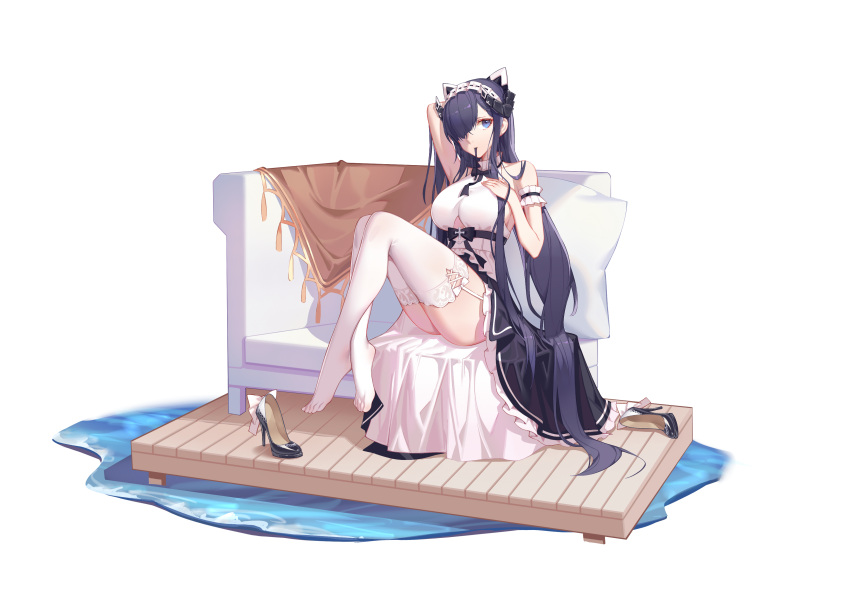 absurdres apron arm_behind_head august_von_parseval_(azur_lane) august_von_parseval_(the_conquered_unhulde)_(azur_lane) azur_lane black_dress black_footwear black_horns breasts chinese_commentary clothing_cutout commentary_request cross-laced_clothes cross-laced_dress curled_horns dress feet female full_body garter_straps hair_over_one_eye high_heels highres horns kasa_(1136485976) long_hair mechanical_horns mouth_hold no_shoes official_alternate_costume one_eye_covered partial_commentary purple_eyes purple_hair ribbon ribbon_in_mouth shoes simple_background sitting sleeveless sleeveless_dress solo thighhighs toes two-tone_dress underboob_cutout unworn_shoes very_long_hair white_apron white_background white_dress white_garter_straps white_thighhighs