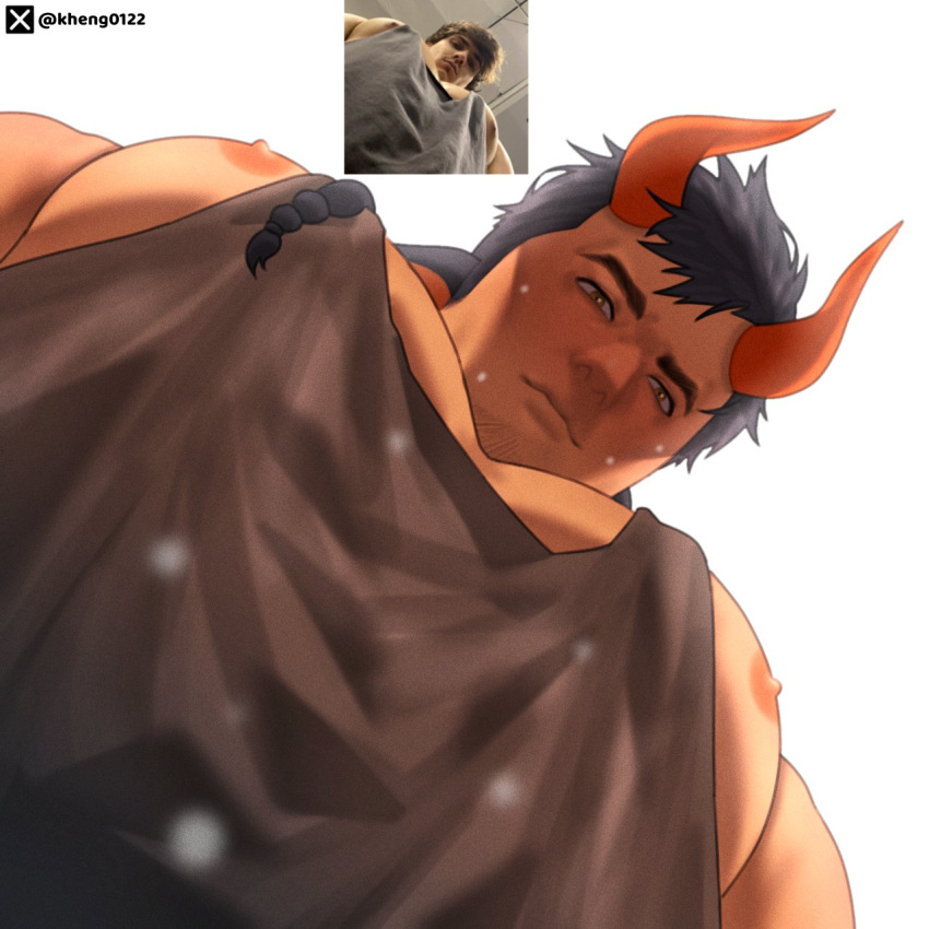 1boy all_saints_street animal_ears bara black_hair dark-skinned_male dark_skin demon_boy demon_horns facial_hair foreshortening from_below goatee_stubble highres horns kheng0122 large_pectorals light_smile looking_at_viewer looking_down male_focus meme muscular muscular_male nick_holt nipple_slip nipples pectoral_cleavage pectoral_focus pectorals photo-referenced photo_inset reference_inset short_hair sidepec solo stubble tank_top thick_eyebrows upper_body yur_oc_like_this_(meme)