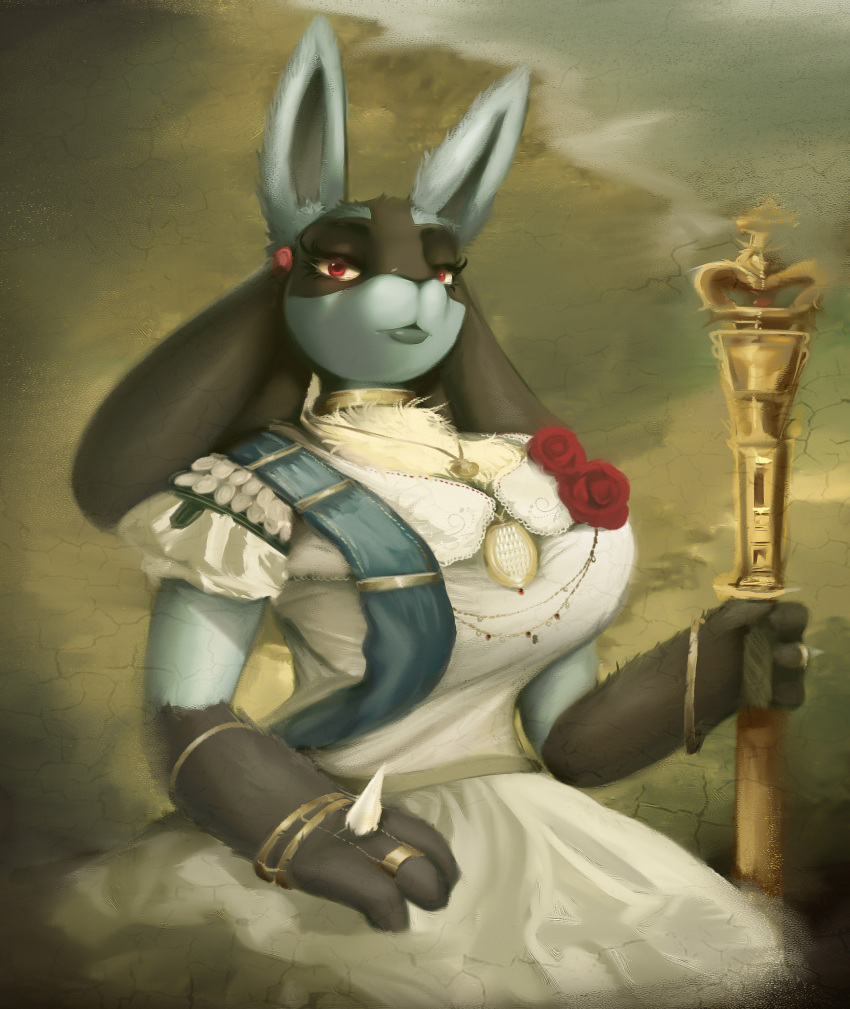 2023 4_fingers anthro armband big_breasts breasts choker clothed clothing detailed_background dress female fingers flower generation_4_pokemon hi_res holding_object jewelry lucario necklace nintendo plant pokemon pokemon_(species) portrait puffy_sleeves red_eyes ring rose_(flower) sagaris_uwu sash scepter sitting solo spikes spikes_(anatomy)