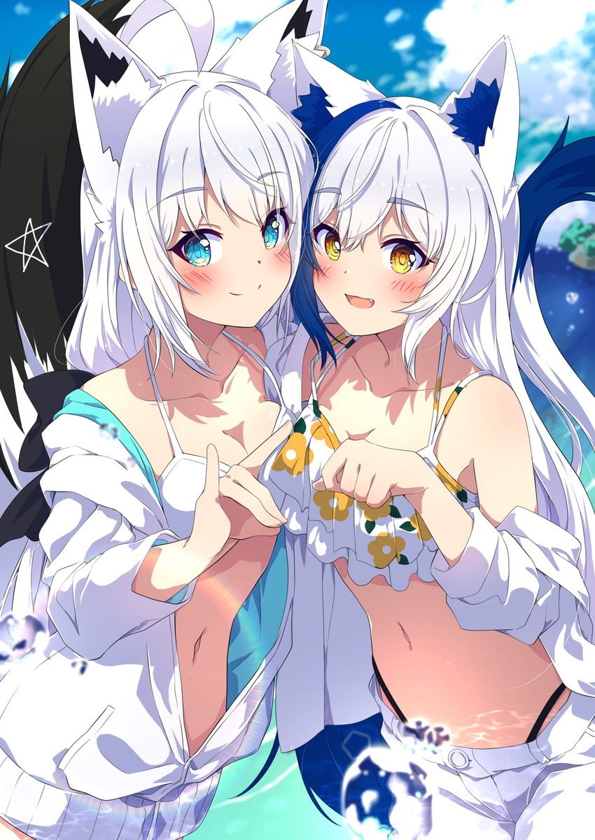 2girls ahoge animal_ear_fluff animal_ears aomiya_yozuri bikini blue_hair braid breasts cat_ears cat_girl cat_tail cloud cloudy_sky commentary creator_connection day earrings fox_ears fox_girl fox_shadow_puppet fox_tail green_eyes hair_between_eyes highres hololive hood hoodie jewelry long_hair looking_at_viewer multicolored_hair multiple_girls namikawa_kuroha open_clothes open_hoodie outdoors paw_pose pentagram shirakami_fubuki shorts sidelocks single_braid sky small_breasts streaked_hair swimsuit tail vee_(vtuber) virtual_youtuber white_bikini white_hair white_hoodie white_shorts yellow_eyes