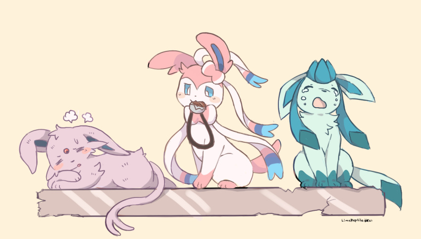 2021 ambiguous_gender black_nose blue_body blue_fur bodily_fluids chest_tuft disappointed eeveelution espeon feral fur generation_2_pokemon generation_4_pokemon generation_6_pokemon glaceon group limereptile lying nintendo open_mouth pokemon pokemon_(species) purple_body purple_fur sad sitting sylveon tears tongue trio tuft white_body