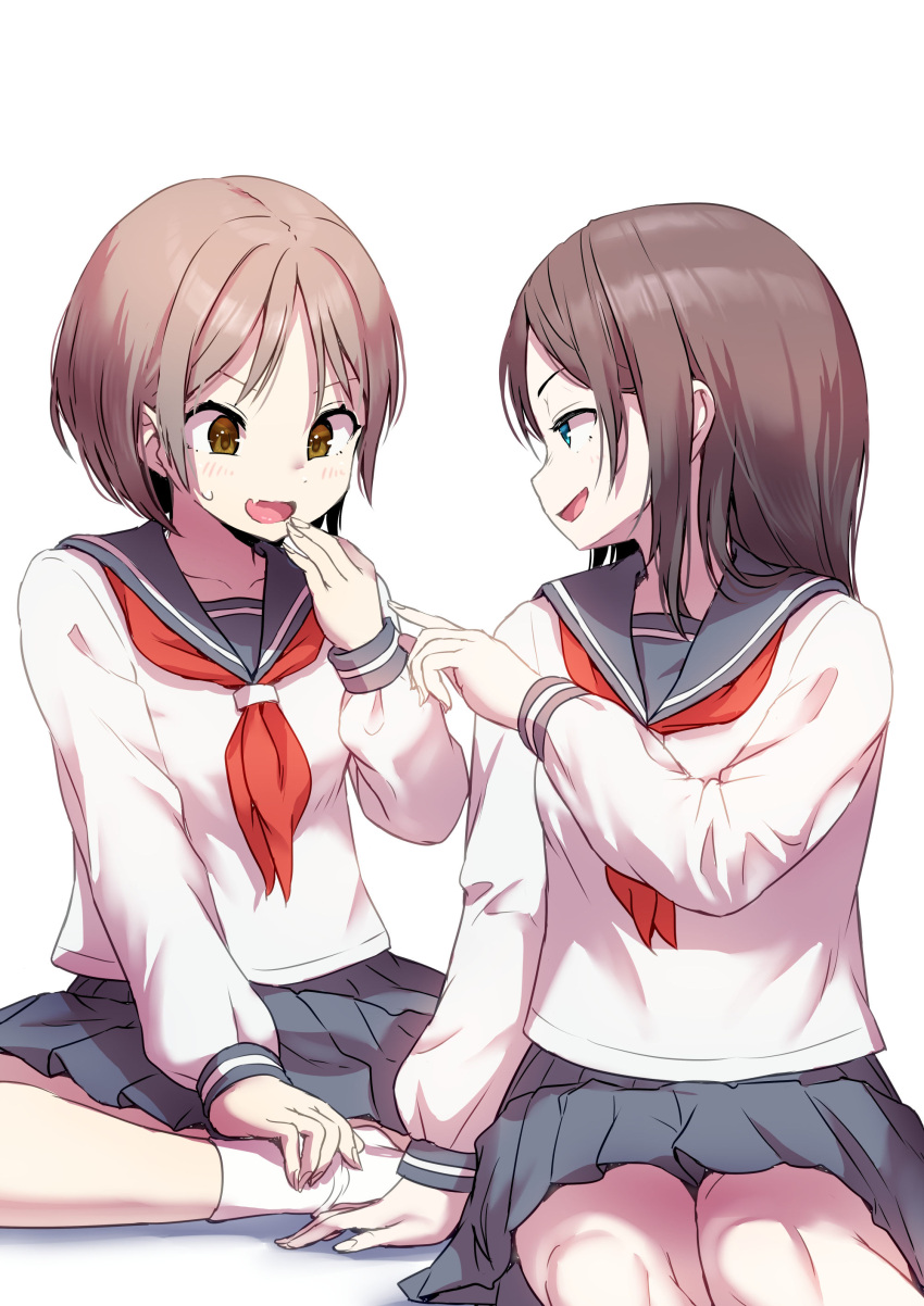 2girls absurdres ayanakitori black_sailor_collar black_skirt blue_eyes brown_eyes brown_hair commentary_request highres looking_at_another medium_hair multiple_girls neckerchief open_mouth original pleated_skirt red_neckerchief sailor_collar school_uniform serafuku shirt short_hair simple_background sitting skirt smile textless_version white_background white_shirt