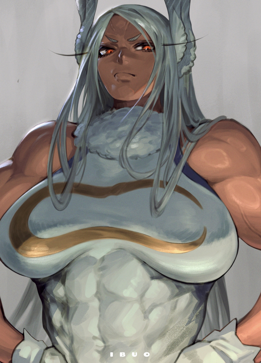 2024 abs absurd_res animal_humanoid artist_name athletic athletic_female big_breasts breasts brown_body brown_skin chest_tuft clothed clothing eyebrows eyelashes female frown fully_clothed gloves hair half-length_portrait hands_on_hips handwear hi_res humanoid ibuo lagomorph lagomorph_humanoid leotard leporid_humanoid long_ears long_eyelashes long_hair looking_at_viewer mammal mammal_humanoid muscular muscular_female my_hero_academia portrait rabbit_humanoid red_eyes rumi_usagiyama solo superhero tuft white_hair