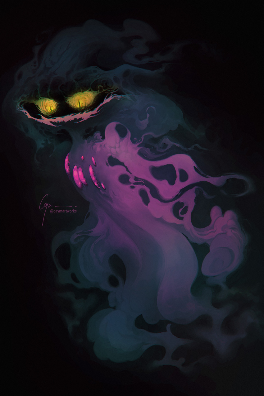 2021 absurd_res air_creature alternate_form ambiguous_gender ambiguous_humanoid black_background caymartworks digital_media_(artwork) digital_painting_(artwork) elemental_creature front_view full-length_portrait generation_2_pokemon generation_4_pokemon ghost hi_res humanoid living_smoke looking_at_viewer mismagius nintendo open_mouth open_smile pokemon pokemon_(species) portrait pupils realistic simple_background slit_pupils smile smoke solo spirit wide_smile yellow_eyes