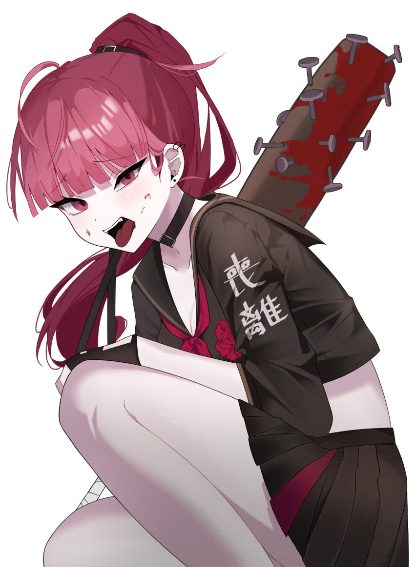 alternate_costume black_serafuku black_skirt blood blood_on_face blood_on_weapon choker commentary delinquent ear_piercing female hand_on_own_knee hashtag-only_commentary highres hololive hololive_english looking_at_viewer mori_calliope overkill_(mori_calliope) piercing pink_hair pleated_skirt ponytail red_eyes school_uniform serafuku skirt spiked_bat squatting tongue tongue_out uneven_eyes virtual_youtuber weapon yufu