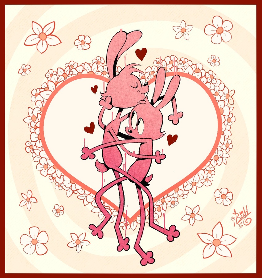 ambiguous/ambiguous ambiguous_gender anthro black_nose buckteeth closed_eyes ears_up flower fur heart_symbol hi_res holidays hug ibrah_(artist) lagomorph leporid looking_at_another mammal pink_body pink_fur plant rabbit slim smile tail teeth valentine's_day