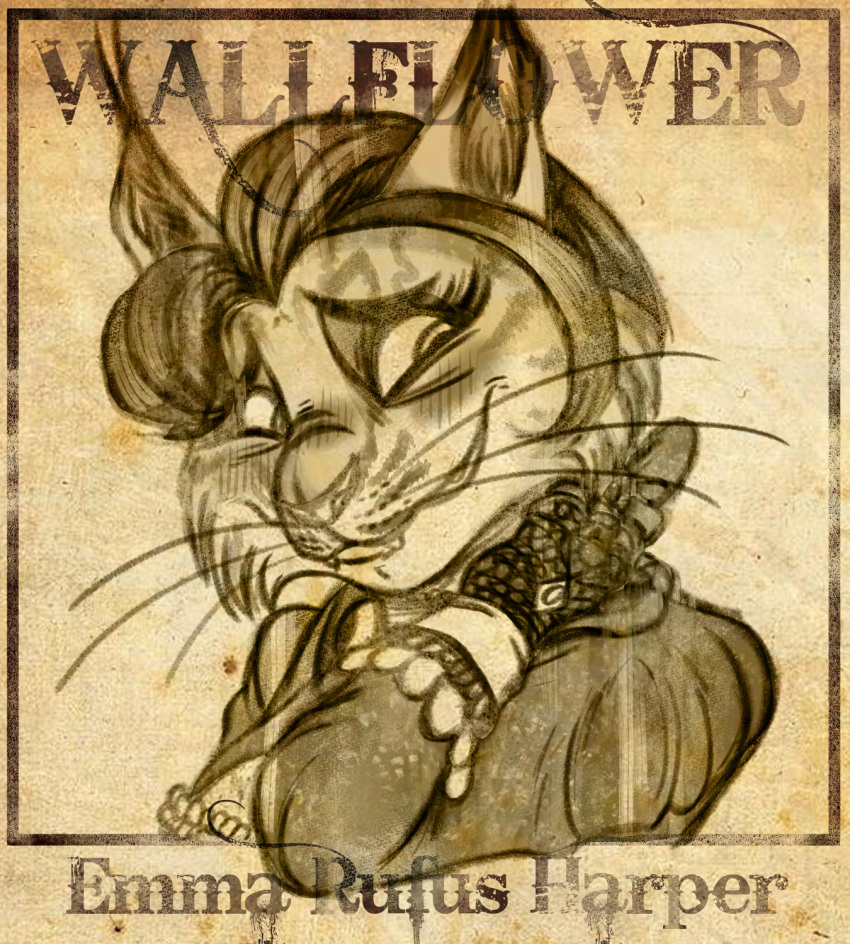 blush border clothing distressed dr_portal dungeons_and_dragons felid feline female fingerless_gloves gloves handwear hasbro hi_res lynx mammal monochrome profile rubbing_neck sepia shy smile smirk text wanted_poster wastedtimeee whiskers wild_west wizards_of_the_coast