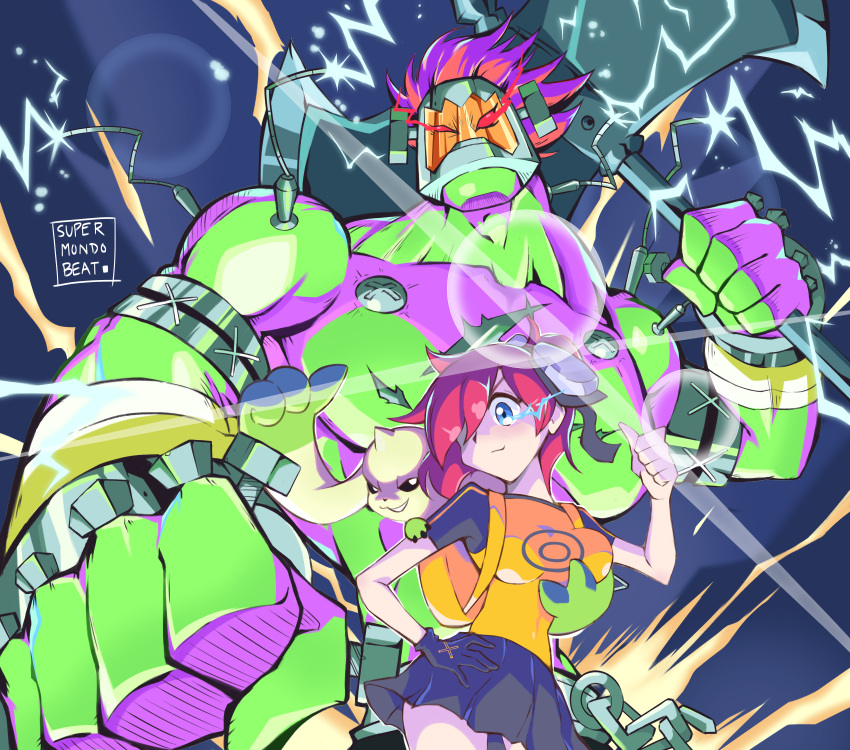 2boys absurdres aiba_ami artist_name axe black_skirt blue_eyes bolt_(hardware) boltmon chains colored_skin commentary digimon digimon_(creature) digimon_story:_cyber_sleuth electricity english_commentary female glowing glowing_eyes goggles goggles_on_head grabbing grabbing_another's_breast green_skin highres holding holding_weapon horns mask medium_hair multiple_boys muscular muscular_male red_eyes red_hair scar shirt side_ponytail single_horn skirt smirk spiked_hair supermondobeat terriermon thumbs_up topless_male weapon yellow_shirt