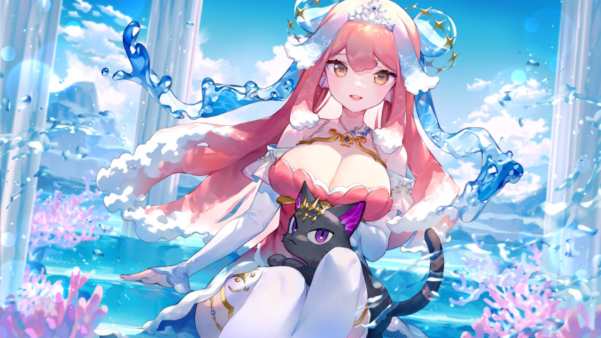 ainy animal_on_lap bare_shoulders black_cat blue_sky breasts cleavage coral cross-shaped_pupils day detached_sleeves dress feet_out_of_frame feline female highres large_breasts liquid_hair long_hair looking_at_viewer on_lap open_mouth orange_eyes outdoors pillar pink_dress pink_hair salmon_lordette second-party_source sitting sky solo symbol-shaped_pupils teeth thighhighs tiara upper_teeth_only virtual_youtuber vreverie water white_sleeves white_thighhighs