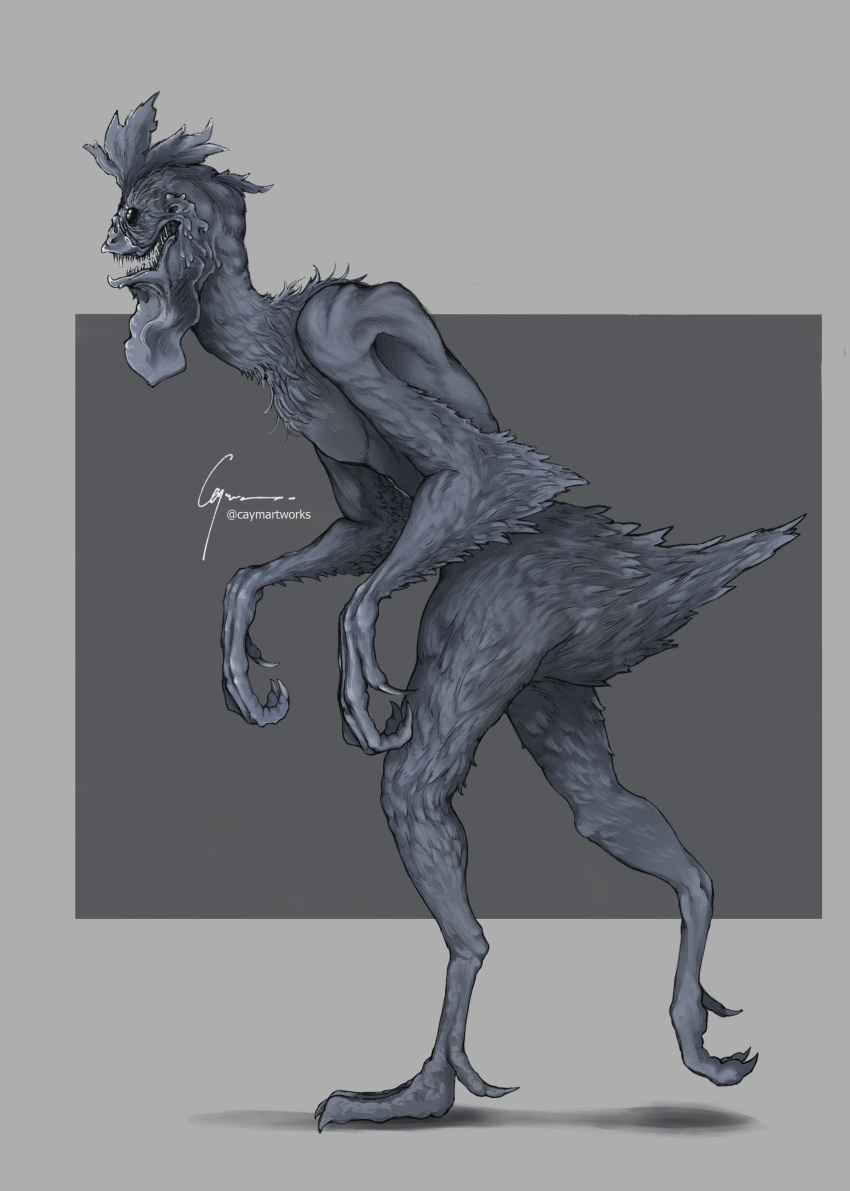 2021 absurd_res action_pose anthro arm_tuft avian avian_caruncle avian_feet beady_eyes big_hands bird caymartworks chicken claws comb_(anatomy) dewclaw dewlap_(anatomy) elbow_tuft empty_eyes european_mythology feathers full-length_portrait galliform gallus_(genus) grey_background head_crest hi_res hunched_over hybrid long_claws long_neck male male_anthro mythological_avian mythological_creature mythology nude open_mouth phasianid portrait pose quarantamaula shadow sharp_teeth side_view simple_background solo spanish_mythology teeth tuft walking wattle