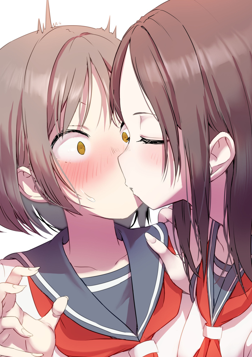 2girls absurdres ayanakitori black_sailor_collar blush brown_eyes brown_hair closed_eyes fingernails hand_on_another's_shoulder highres kissing medium_hair multiple_girls neckerchief original red_neckerchief sailor_collar school_uniform serafuku short_hair simple_background textless_version upper_body white_background yuri