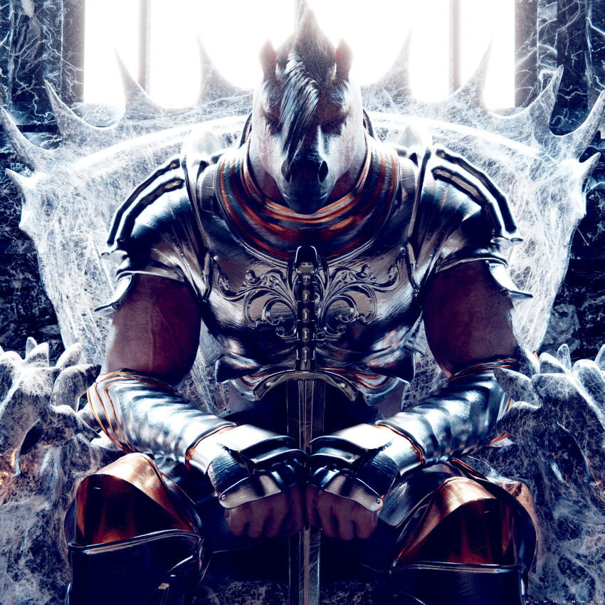 1:1 2022 3d_(artwork) 5_fingers absurd_res anthro armor arms_on_legs biceps biped black_nose body_armor breastplate chair closed_eyes clothed clothing detailed detailed_background digital_media_(artwork) ears_up equid equine eupharrow eyebrows facial_markings fantasy fingers front_view fully_clothed fur furniture gauntlets glistening glistening_body glistening_fur gloves hair hands_together handwear head_markings hi_res horse inside knight light lighting looking_at_viewer male mammal mane mane_hair markings medieval medieval_armor melee_weapon military mohawk multicolored_body multicolored_skin photorealism plate_armor realistic reflection royalty shaded shoulder_guards silver_(metal) sitting snout soldier solo sword throne two_tone_body two_tone_skin vein veiny_arms warrior weapon