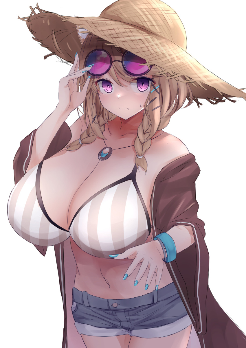 absurdres animal_ear_fluff animal_ears arknights bare_shoulders bikini bikini_top_only black-framed_eyewear black_shorts blue_nails bracelet braid breasts brown_bikini brown_hair brown_hat brown_jacket cleavage closed_mouth collarbone cowboy_shot eyewear_on_head female fingernails hat highres huge_breasts jacket jewelry long_fingernails long_hair long_sleeves looking_at_viewer nail_polish navel necklace oerba_yun_fang off_shoulder open_clothes open_jacket purple_eyes round_eyewear short_shorts shorts skin_fang smile solo straw_hat striped_bikini striped_clothes sunglasses swimsuit twin_braids two-tone_bikini utage_(arknights) utage_(summer_flowers)_(arknights) vertical-striped_bikini vertical-striped_clothes white_bikini wide_sleeves yuuki_shuri