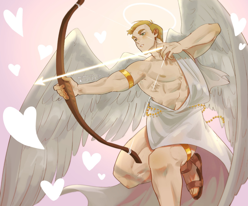 1boy absurdres akairosu all_saints_street arrow_(projectile) bara bow_(weapon) commentary cupid heart highres large_pectorals lynn_angel male_focus muscular muscular_male nipples pectorals short_hair smile solo thighs valentine weapon wings