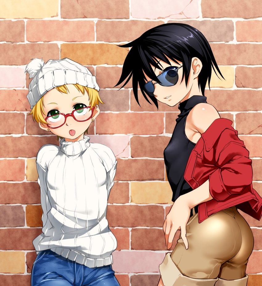 2girls androgynous armpits arms_behind_back ass bad_id bad_twitter_id bare_shoulders black_hair black_shirt blonde_hair blue_pants breasts brick_wall brown_shorts commentary denim from_side funnyari glasses green_eyes hand_on_own_hip hat highres jacket jeans knit_hat looking_at_viewer looking_to_the_side multiple_girls off_shoulder original pants parted_lips pom_pom_(clothes) red-framed_eyewear red_jacket ribbed_hat ribbed_shirt shirt short_hair shorts sleeveless sleeveless_shirt sleeveless_turtleneck small_breasts sunglasses sweater tomboy tongue tongue_out turtleneck turtleneck_sweater very_short_hair white_sweater