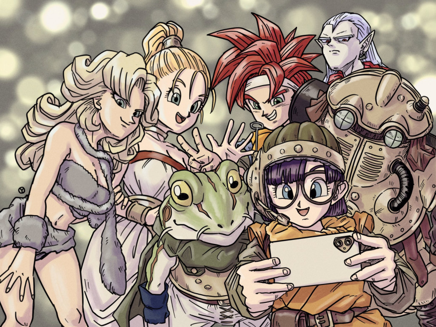 3girls ayla_(chrono_trigger) blonde_hair blue_eyes breasts cellphone chrono_trigger closed_mouth crono_(chrono_trigger) frog_(chrono_trigger) glasses headband helmet highres jewelry long_hair looking_at_viewer lucca_ashtear magus_(chrono_trigger) marle_(chrono_trigger) multiple_boys multiple_girls open_mouth phone purple_hair robo_(chrono_trigger) robot scarf short_hair smile yuto_sakurai