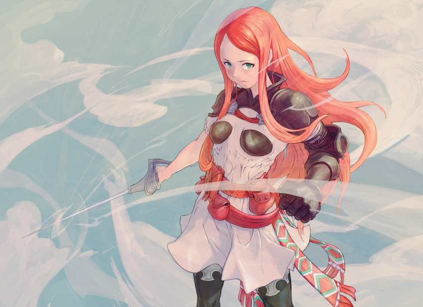 armor bad_id bad_pixiv_id breasts closed_mouth dress female final_fantasy final_fantasy_tactics_advance gloves green_eyes highres long_hair looking_at_viewer pantyhose pink_hair ritz_malheur skirt solo sword weapon yuuichi_(osakana)