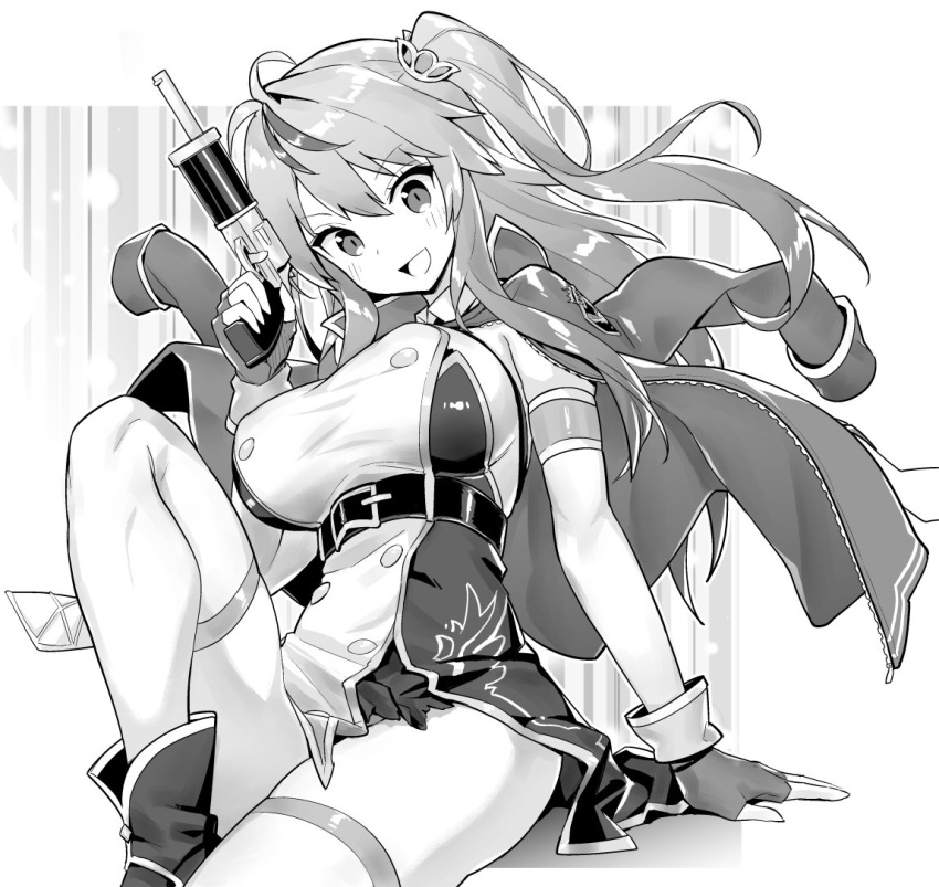 ahoge arm_support armband azur_lane blush breasts female fingerless_gloves gloves grenville_(azur_lane) greyscale gun holding holding_gun holding_weapon hori_(hori_no_su) large_breasts long_hair looking_at_viewer monochrome open_mouth sitting smile solo thighhighs weapon