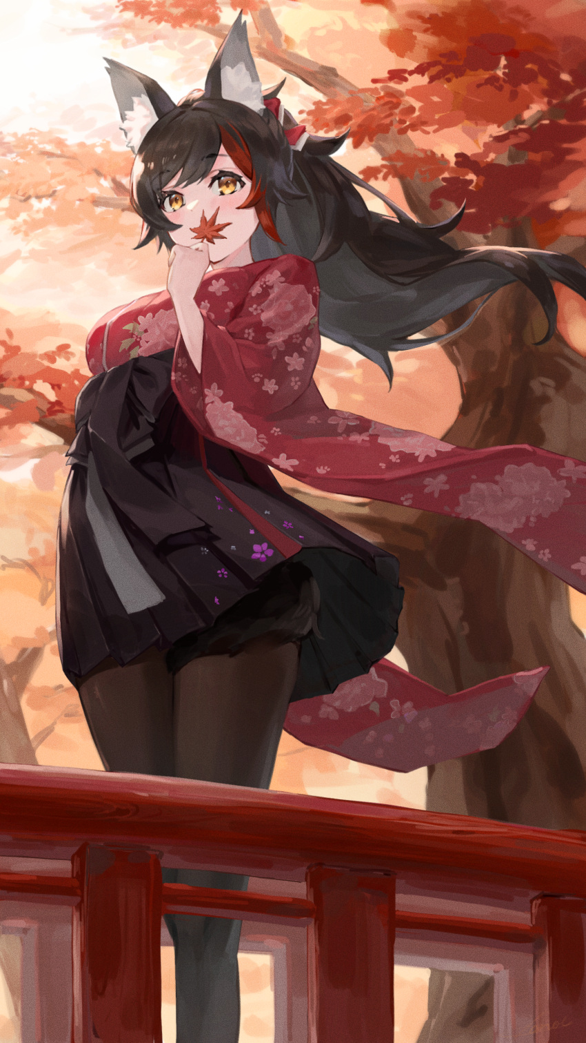 absurdres animal_ears autumn_leaves black_hakama black_pantyhose black_skirt feet_out_of_frame female floral_print hakama hakama_short_skirt hakama_skirt highres hololive japanese_clothes kanoe_(tatsukanoe) kimono leaf long_hair long_legs maple_leaf multicolored_hair official_alternate_costume ookami_mio ookami_mio_(new_year) pantyhose print_kimono red_hair red_kimono skirt solo spiked_hair streaked_hair tail tail_around_own_leg tail_wrap virtual_youtuber wide_sleeves wolf_ears wolf_girl wolf_tail yellow_eyes