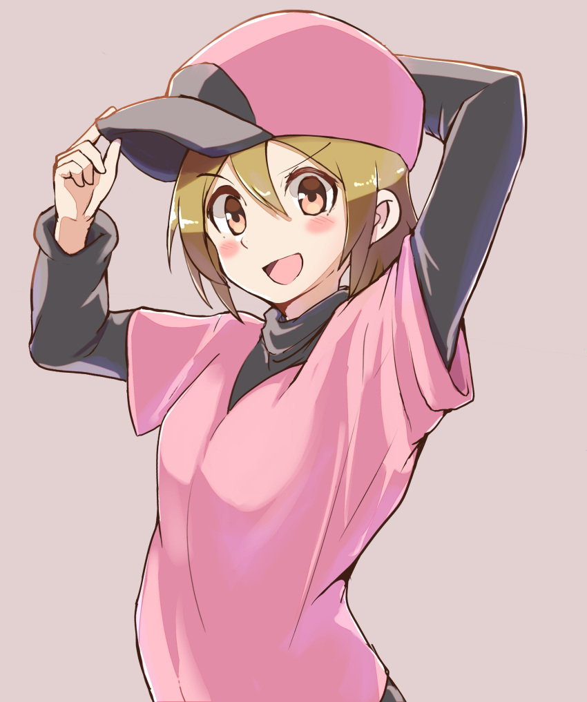 :d absurdres adjusting_clothes adjusting_headwear arm_behind_head arms_up bad_id bad_pixiv_id baseball_cap blush_stickers breasts brown_eyes brown_hair commentary dress female grey_hat hair_between_eyes hand_on_headwear hat highres hirotaka_(hrtk990203) layered_clothes long_sleeves looking_at_viewer minna_no_rhythm_tengoku open_mouth pink_hat pitcher_(rhythm_tengoku) rhythm_tengoku short_hair short_sleeves small_breasts smile solo turtleneck two-tone_headwear undershirt upper_body v-shaped_eyebrows