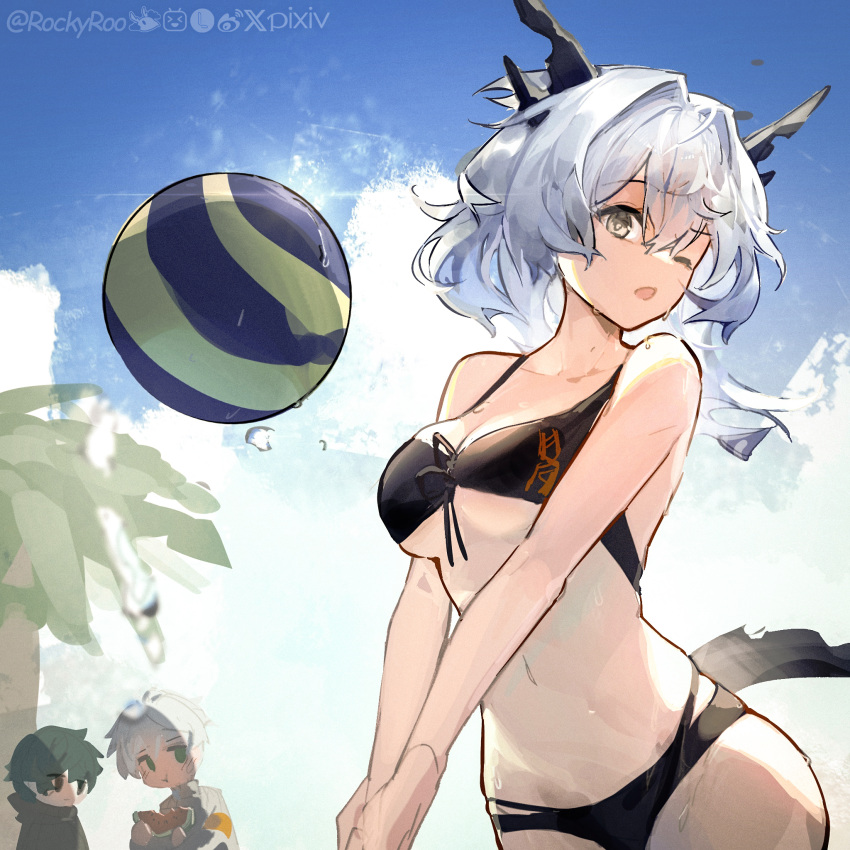 2boys ;o arknights artist_name beach_volleyball bikini bilibili_logo black_bikini blue_sky breasts cleavage cowboy_shot day dragon_girl dragon_horns dragon_tail faust_(arknights) female grey_hair hair_between_eyes hair_intakes highres horns lofter_logo medium_breasts mephisto_(arknights) multiple_boys one_eye_closed open_mouth outdoors palm_tree reunion_logo_(arknights) rockyroo short_hair sky solo_focus sunlight swimsuit tail talulah_(arknights) tree twitter_x_logo weibo_logo yellow_eyes