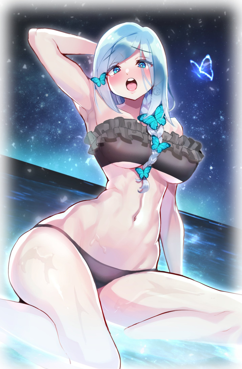 arm_up bikini black_bikini blue_eyes blue_hair blush braid braided_ponytail breasts bug butterfly commission female frilled_bikini frills highres indie_virtual_youtuber large_breasts light_blue_hair long_hair looking_at_viewer navel night ocean round_teeth shiny_skin skeb_commission skindentation smile solo swimsuit teeth tsukino_diana virtual_youtuber water wet yasu_suupatenin