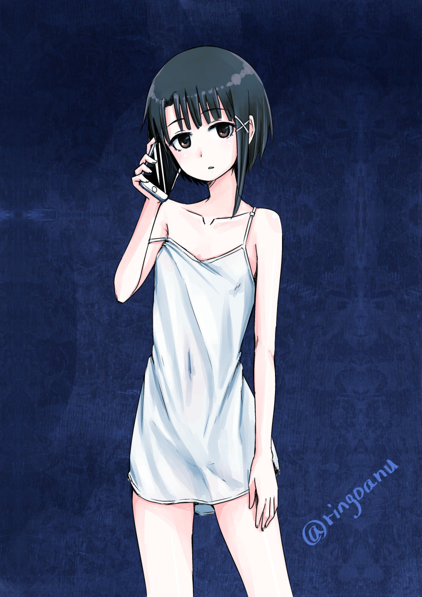 asymmetrical_hair brown_eyes brown_hair camisole cellphone collarbone commentary female hair_ornament hairclip highres iwakura_lain looking_at_viewer phone ringoanu serial_experiments_lain short_hair sleeveless solo strap_slip white_camisole x_hair_ornament