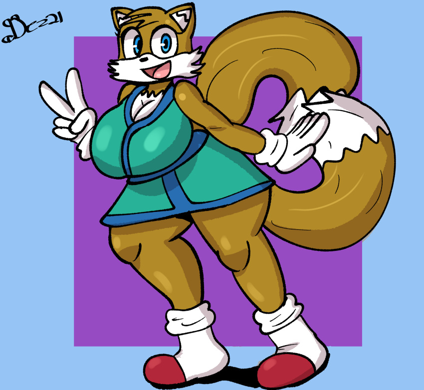 anthro ass big_breasts big_butt blue_eyes breasts canid canine clothed clothing dezmine21 digital_media_(artwork) female fox fur gesture hand_gesture heart_symbol hi_res huge_breasts mammal mtf_crossgender open_mouth robe rule_63 sega simple_background smile solo sonic_the_hedgehog_(series) tails tails_gets_trolled thick_thighs v_sign white_body white_fur wide_hips yellow_body yellow_fur