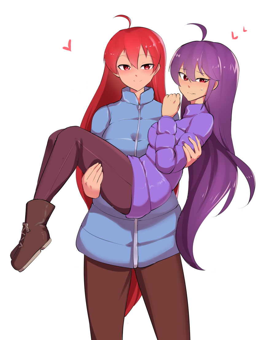 2girls absurdres ahoge aucean-el badeline blue_jacket brown_footwear brown_legwear carrying celeste_(video_game) chinese_commentary commentary_request dark_persona dual_persona heart highres jacket long_hair long_sleeves looking_at_viewer madeline_(celeste) multiple_girls pantyhose princess_carry purple_hair purple_jacket red_eyes red_hair selfcest smile sweat very_long_hair white_background yuri