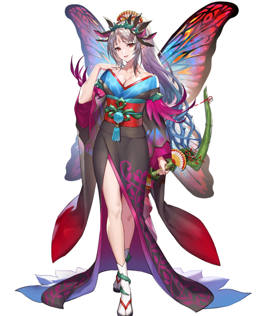 bow_(weapon) breasts cleavage facial_mark fairy_wings female fire_emblem fire_emblem_heroes forehead_mark full_body gradient_hair hand_up highres holding holding_bow_(weapon) holding_weapon japanese_clothes kimono large_breasts long_hair looking_at_viewer multicolored_hair non-web_source obi official_art open_mouth plumeria_(fire_emblem) plumeria_(new_year)_(fire_emblem) pointy_ears ponytail red_eyes sandals sash smile solo standing tabi teffish transparent_background weapon white_legwear wide_sleeves wings