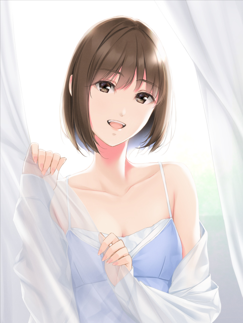 blue_camisole breasts brown_eyes brown_hair camisole cleavage commentary english_commentary female highres long_sleeves looking_at_viewer nayuta69 open_clothes open_mouth open_shirt original shirt small_breasts smile solo white_shirt