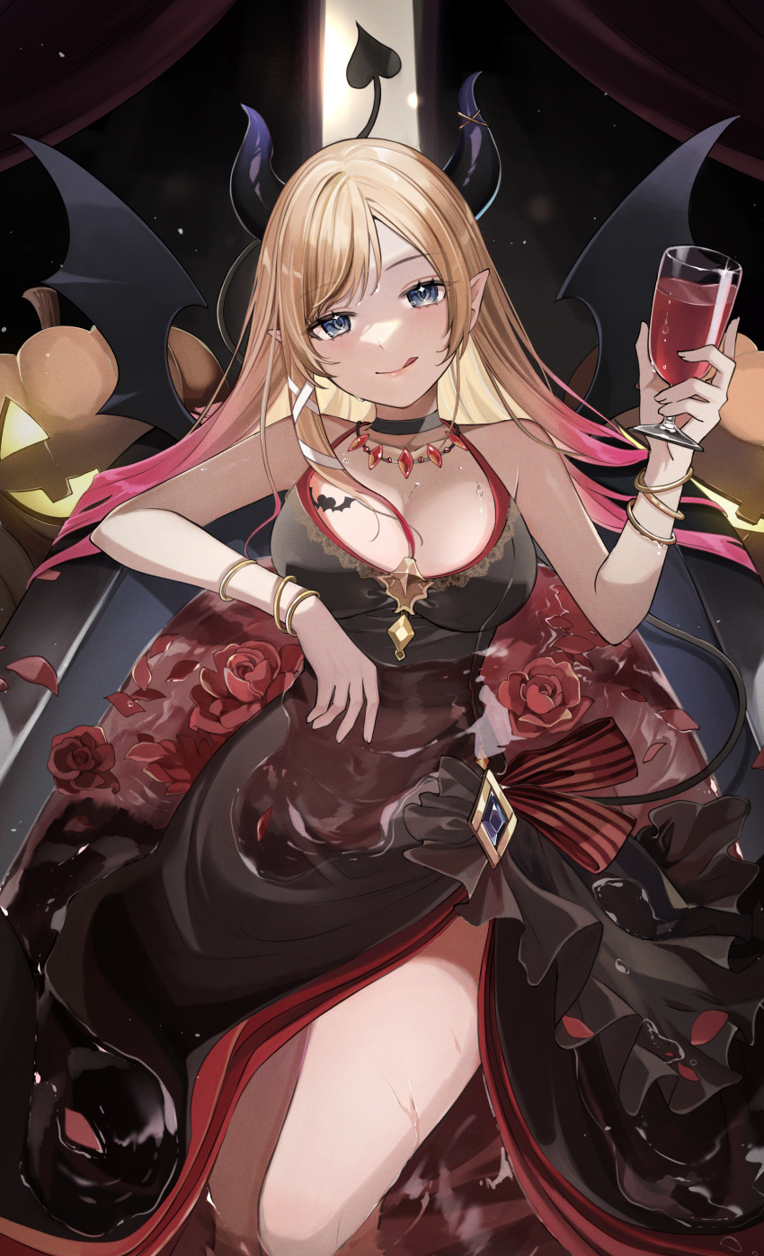 :q absurdres alcohol alternate_costume bad_id bad_pixiv_id bare_shoulders bathtub black_choker black_dress black_horns blonde_hair blue_eyes breast_tattoo breasts choker cleavage commentary_request cup demon_girl demon_horns demon_tail demon_wings dress drinking_glass female flower gradient_hair highres hololive horn_ornament horn_ring horns jewelry large_breasts licking_lips long_hair looking_at_viewer multicolored_hair necklace petals petals_on_liquid pink_hair pointy_ears rose shunka_tunacan side_slit single_sidelock sleeveless sleeveless_dress solo swept_bangs tail tattoo tongue tongue_out virtual_youtuber wine wine_glass winged_heart wings yuzuki_choco