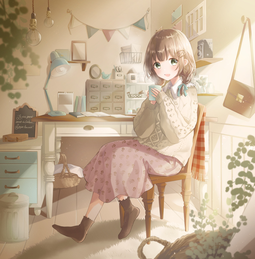 ankle_socks arms_up bag basket blurry blurry_foreground blush braid brown_socks brown_sweater cabinet camera ceiling_light chair chalkboard coffee_mug commentary_request cup desk desk_lamp envelope female floral_print french_text green_eyes hair_ornament hair_ribbon hairclip handbag highres holding holding_cup hoshiibara_mato indoors jar lamp light_brown_hair light_bulb looking_at_viewer mug open_mouth original picture_frame pink_skirt plant ribbon rug scissors shelf shirt short_hair sitting skirt sleeves_past_wrists socks solo streamers sweater table translated trash_can twin-lens_reflex_camera twin_braids white_shirt wooden_floor