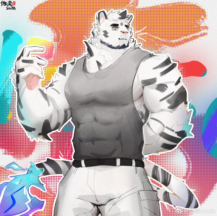 1boy abstract_background absurdres animal_ears arknights bara black_tank_top blue_eyes facial_hair feet_out_of_frame furry furry_male goatee gou_minami_south highres large_hands large_pectorals male_focus mountain_(arknights) muscular muscular_male pants pectorals scar scar_across_eye scar_on_arm short_hair sidepec smile solo tail tank_top thick_eyebrows tiger_boy tiger_ears tiger_tail white_hair white_pants