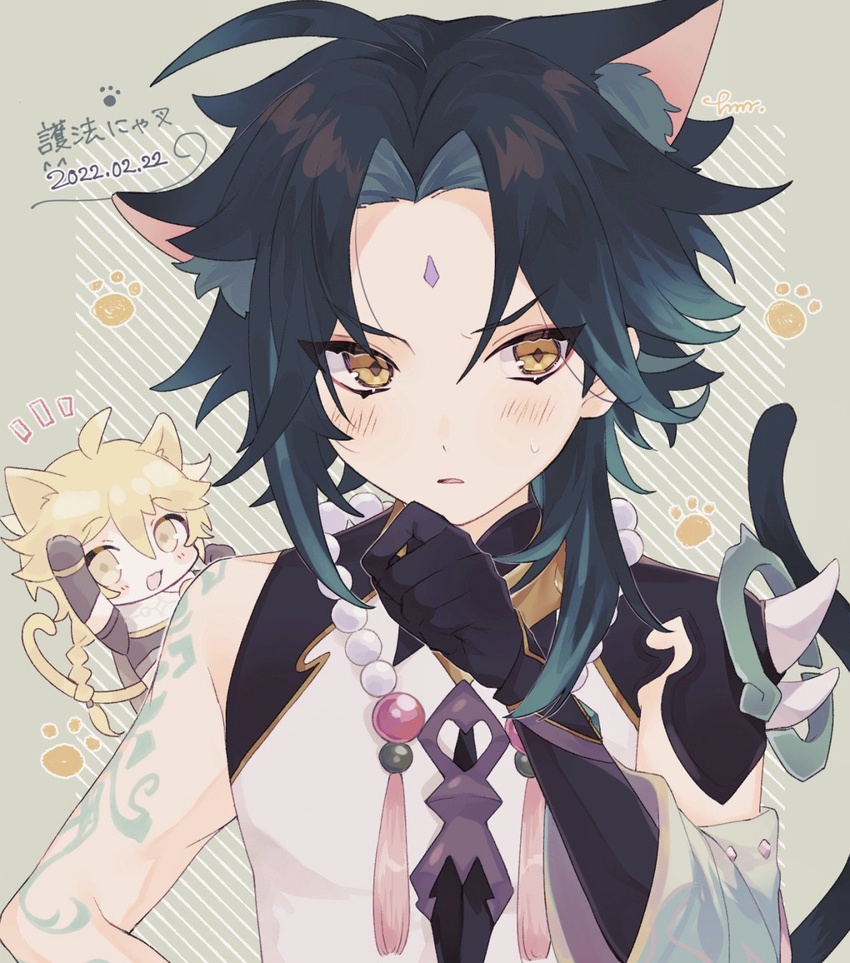 2boys aether_(genshin_impact) ahoge animal_ear_fluff animal_ears arm_tattoo bead_necklace beads black_hair blonde_hair blue_hair blush braid cat_boy cat_ears cat_tail chibi dated genshin_impact gloves highres jewelry long_hair male_focus multicolored_hair multiple_boys necklace open_mouth parted_lips paw_print protected_link signature simple_background single_braid sweat tail tamamura_(tmmr5) tattoo upper_body xiao_(genshin_impact) yellow_eyes