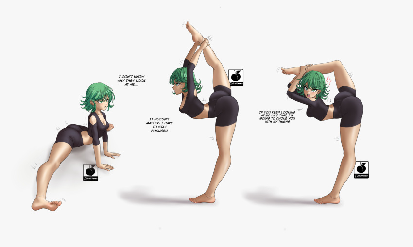 absurdres anger_vein anklet arched_back ass barefoot bead_anklet bike_shorts black_shorts breasts cleavage collage contortion crop_top english_commentary english_text female flexible flipped_hair green_eyes green_hair highres jewelry leg_grab linkartoon long_legs one-punch_man scorpion_pose short_hair shorts small_breasts solo split spread_legs standing standing_on_one_leg straddle_split tatsumaki toes watermark wide_spread_legs yoga