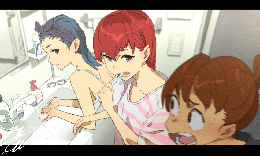 3girls bathroom blue_hair brown_eyes brown_hair brushing_teeth camisole faucet glasses green_eyes highres kobayashi_gen kurimoto_haruka kyoubashi_amane mirror multiple_girls open_mouth red_eyes red_hair rinoda_mano school_girl_strikers shirt sink striped_clothes striped_shirt washing_face