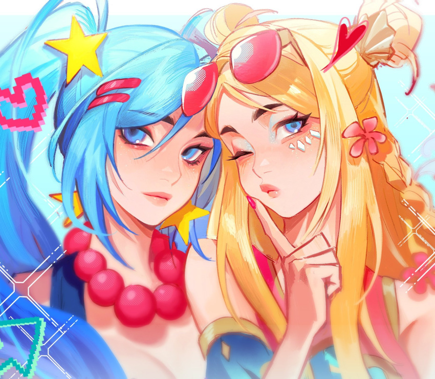 2girls arcade_sona blonde_hair blue_eyes blue_hair breasts cleavage closed_mouth double_bun earrings eyewear_on_head fiiiiiiisher7 fingernails hair_between_eyes hair_bun hair_ornament hairclip highres jewelry league_of_legends light_blush long_hair looking_at_viewer multiple_girls nail_polish ocean_song_seraphine official_alternate_costume official_alternate_hairstyle one_eye_closed red_nails seraphine_(league_of_legends) sidelocks simple_background smile sona_(league_of_legends) sparkle sunglasses twintails upper_body