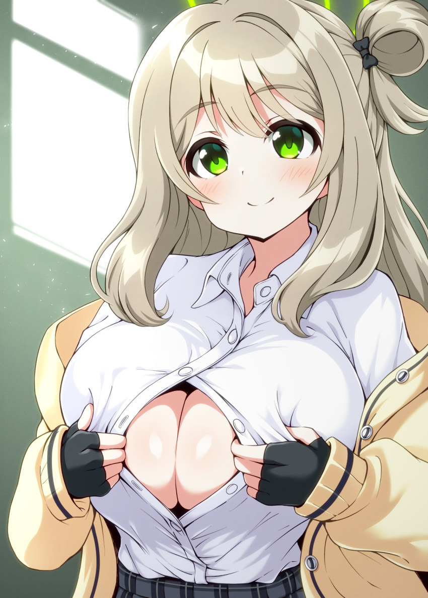 belt black_gloves blue_archive blush bow breasts brown_hair button_gap buttons cleavage closed_mouth collarbone collared_shirt dress_shirt female fingerless_gloves gloves green_eyes hair_bun hairbow highres hiraga_daidai huge_breasts indoors long_hair long_sleeves looking_at_viewer nonomi_(blue_archive) off_shoulder one_side_up open_clothes open_shirt paizuri_invitation partially_unbuttoned shirt single_hair_bun skirt sleeves_past_wrists smile solo spread_cleavage unbuttoned unbuttoned_shirt underwear upper_body white_shirt