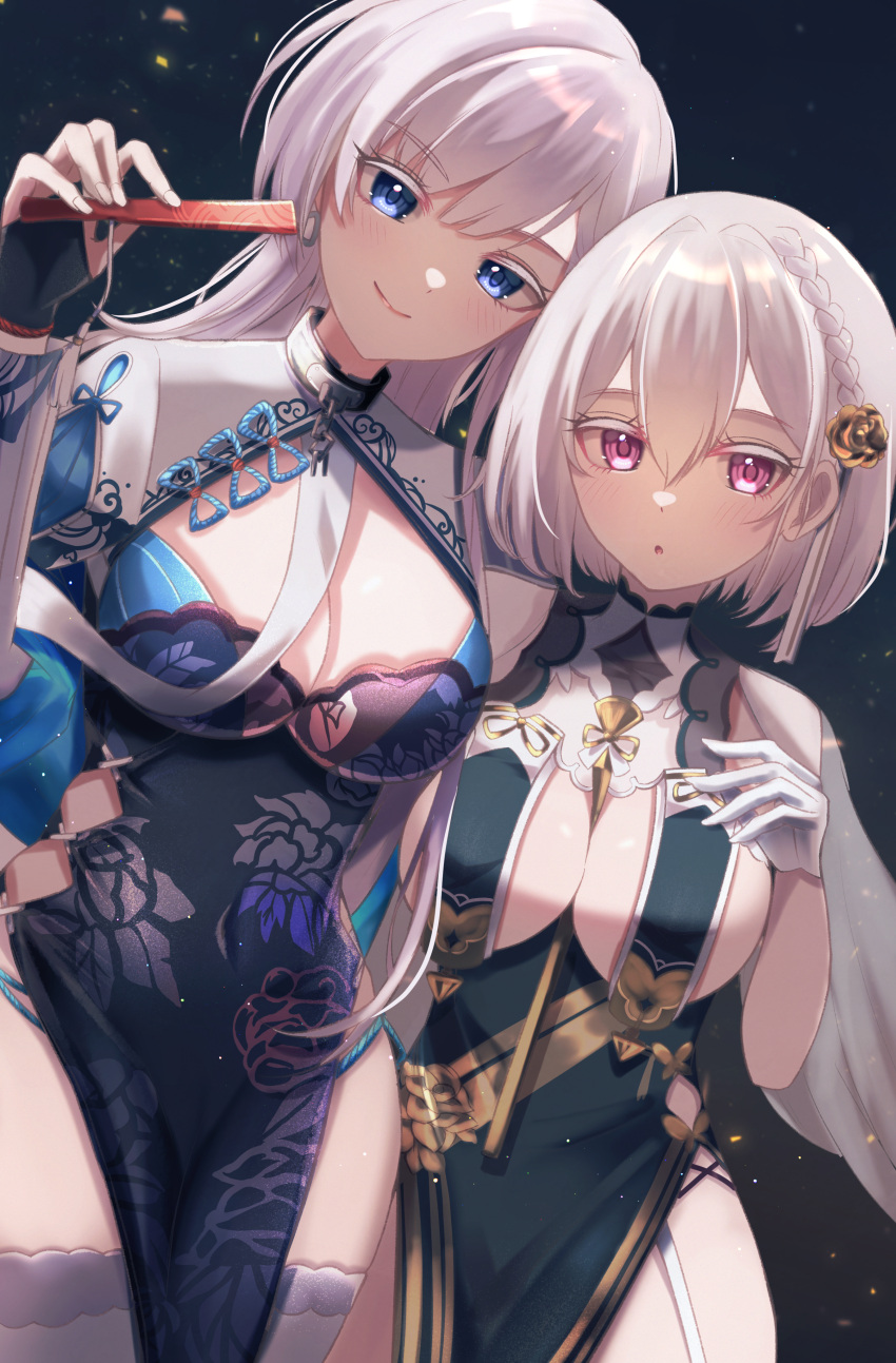 2girls absurdres azur_lane belfast_(azur_lane) belfast_(iridescent_rosa)_(azur_lane) blue_eyes blue_panties braid breast_curtains breasts broken broken_chain chains china_dress chinese_clothes cleavage collar colored_eyelashes cowboy_shot dress folding_fan french_braid garter_straps gloves grey_dress grey_hair half_gloves hand_fan highres holding holding_fan junineu large_breasts long_hair looking_at_viewer metal_collar multiple_girls official_alternate_costume panties pelvic_curtain purple_eyes ribbon_between_breasts see-through see-through_sleeves short_hair side-tie_panties sirius_(azur_lane) sirius_(azure_horizons)_(azur_lane) string_panties thighhighs underwear white_garter_straps white_hair white_thighhighs