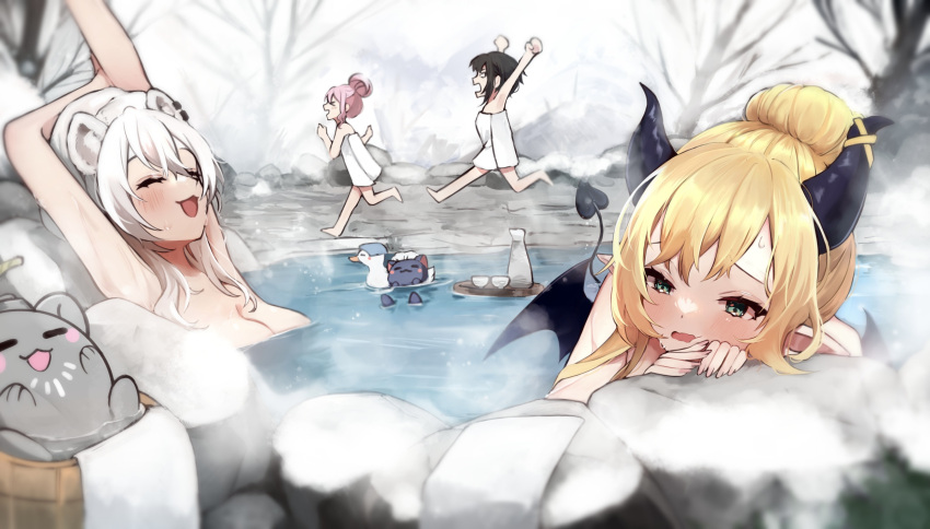 4girls absurdres animal_ears bathing blonde_hair breasts character_request chocolat-chan_(yuzuki_choco) cleavage demon_girl demon_horns demon_tail demon_wings grey_hair hair_bun highres himemori_luna hololive horns large_breasts lion_ears lion_girl mashiro_io medium_hair multiple_girls nude onsen oozora_subaru pink_hair same-sex_bathing shared_bathing shishiro_botan single_hair_bun small_breasts ssrb_(shishiro_botan) subachocolunatan_(hololive) subaru_duck tail virtual_youtuber wings winter yuzuki_choco