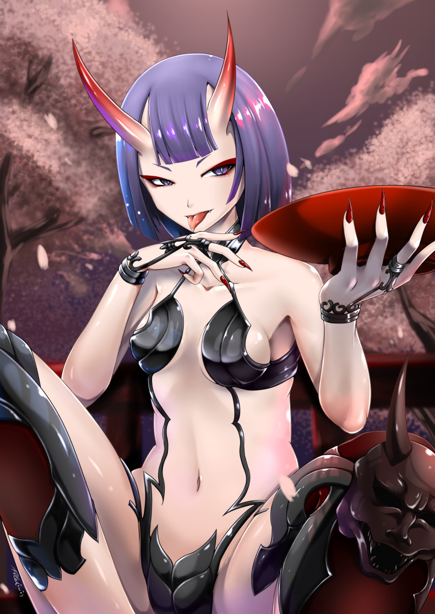 breasts cherry_blossoms commentary_request cup fangs fate/grand_order fate_(series) female fingernails highres horns inyuppo licking licking_finger medium_hair nail_polish navel oni purple_eyes purple_hair revealing_clothes sakazuki sharp_fingernails shiny_skin shuten_douji_(fate) sitting skin-covered_horns slit_pupils small_breasts solo tongue tongue_out