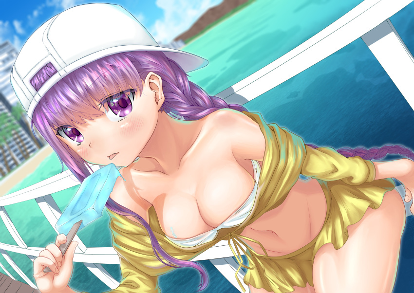 absurdres backwards_hat bare_shoulders baseball_cap bb_(fate) bb_(swimsuit_mooncancer)_(fate) bb_(swimsuit_mooncancer)_(first_ascension)_(fate) beach bikini blush breasts cleavage collarbone cropped_jacket day fate/grand_order fate_(series) female food hat highres jacket large_breasts long_hair long_sleeves looking_at_viewer navel ocean outdoors popsicle purple_eyes purple_hair skirt solo swimsuit take-run-atelier tongue tongue_out very_long_hair white_bikini white_hat yellow_jacket yellow_skirt