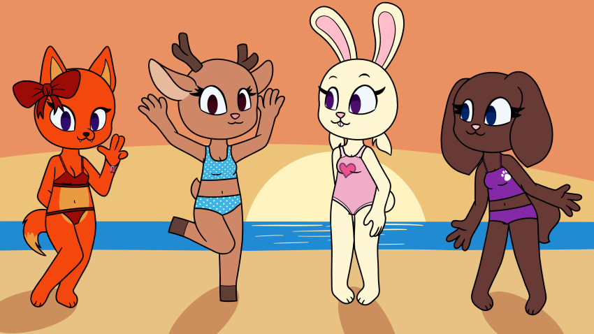 16:9 2022 4_fingers absurd_res anthro antlers arms_in_the_air bare_shoulders beach big_eyes bikini bikini_bottom bikini_top biped bird_dog black_nose blue_bikini blue_bikini_bottom blue_bikini_top blue_clothing blue_eyes blue_swimwear breasts brown_body brown_fur buckteeth canid canine canis cleavage clothed clothing cocker_spaniel cotton_tail crystal cute_fangs deer digital_drawing_(artwork) digital_media_(artwork) dipstick_tail dog_ears dog_tail domestic_dog evelyn_(pazymomo) eyebrows eyelashes fangs female ferra_(pazymomo) fingers flat_colors footprint fox fox_ears fox_tail full-length_portrait fully_clothed fur group heart_clothing heart_print heart_swimwear heart_symbol hi_res hooves horn hunting_dog lagomorph leporid looking_at_another looking_at_viewer magic_user mammal markings midriff navel new_world_deer no_pupils one-piece_swimsuit orange_body orange_fur outside paw_bikini paw_swimwear pawprint paws pazymomo pink_clothing pink_eyes pink_nose polka_dot_bikini portrait purple_bikini purple_bikini_bottom purple_bikini_top purple_clothing purple_eyes purple_swimwear rabbit rabbit_ears red_bikini red_bikini_bottom red_bikini_top red_bow red_clothing red_swimwear reindeer ribbons satara_(pazymomo) scut_tail seaside short_tail skimpy_bikini smile snaggle_tooth spaniel standing swimwear tail tail_markings tan_body tan_fur tan_tail_tip tankini teeth twintails widescreen witch yoghurt_(pazymomo)