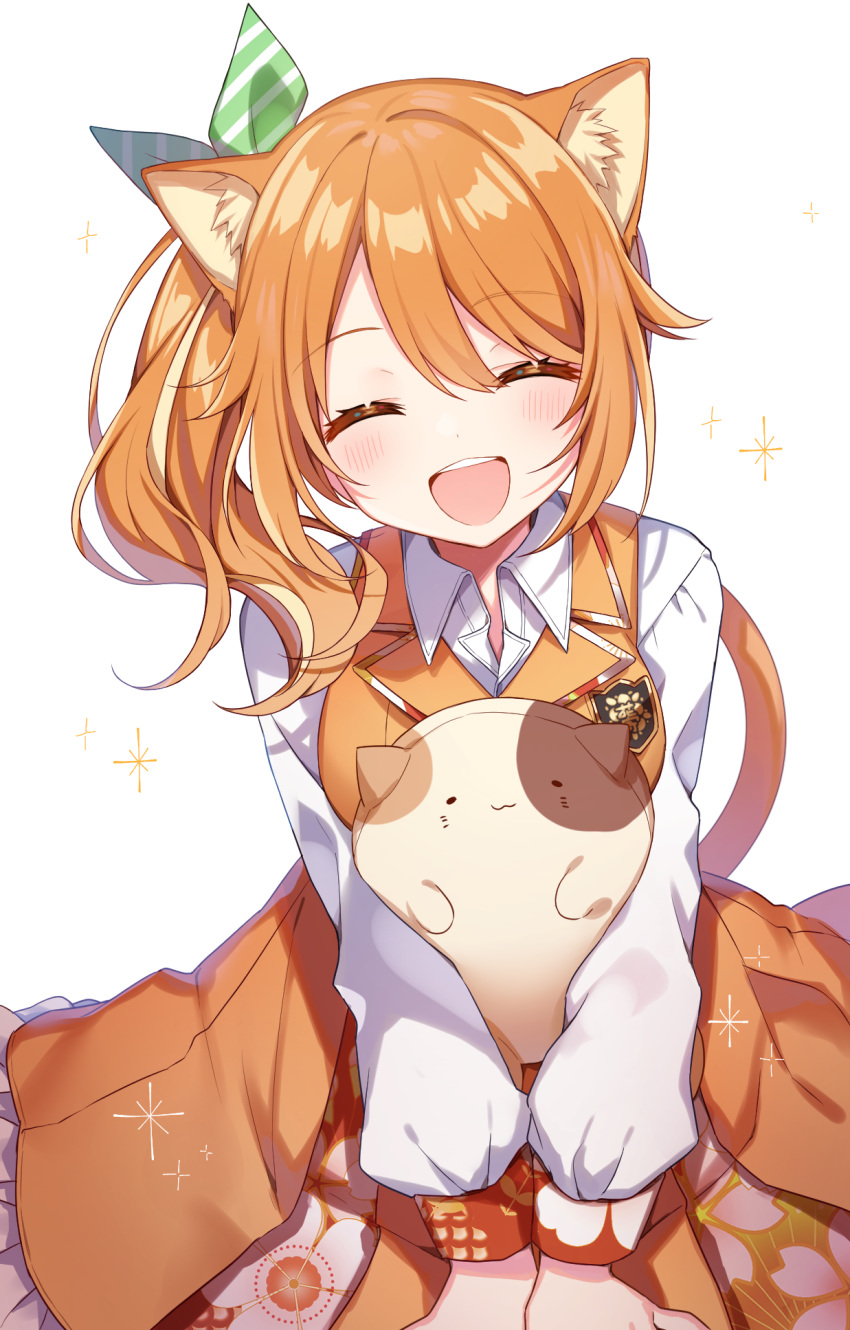 animal_ear_fluff animal_ears blush breasts cat_ears cat_girl cat_tail closed_eyes commentary female hair_between_eyes hair_ornament hanamaru_hareru hanayori_jyoshiryou happy hazakura_chikori highres open_mouth orange_hair school_uniform side_ponytail simple_background solo sparkle stuffed_animal stuffed_toy symbol-only_commentary tail teeth upper_teeth_only virtual_youtuber white_background