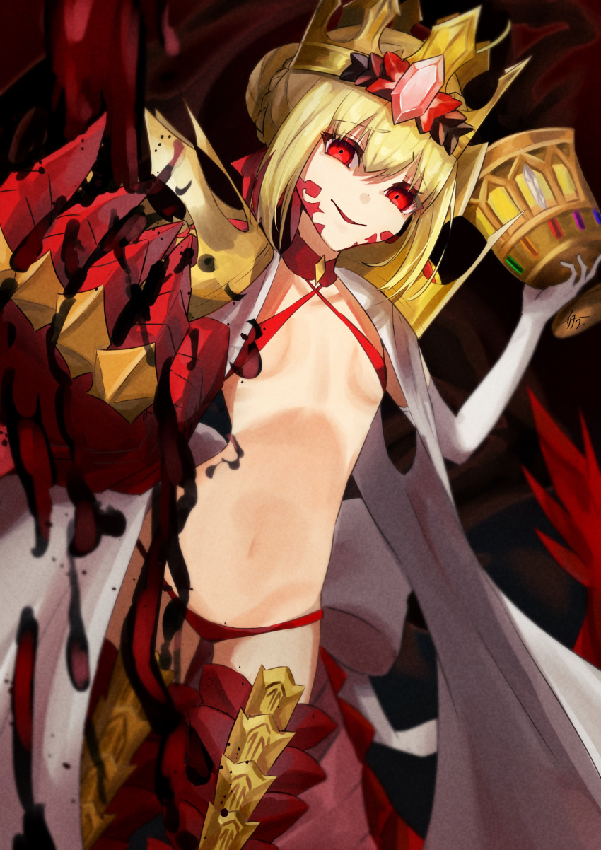 absurdres armored_legwear bikini blonde_hair braid breasts chalice crown cup dragon_claw dragon_tail elbow_gloves facial_mark fate/grand_order fate/grand_order_arcade fate_(series) female french_braid gloves gold_crown highres holy_grail_(fate) horns izanaware_game long_horns looking_at_viewer nero_claudius_(fate) pointed_crown queen_draco_(fate) queen_draco_(second_ascension)_(fate) red_bikini red_eyes revealing_clothes robe scales small_breasts smile solo swimsuit tail white_gemstone white_robe