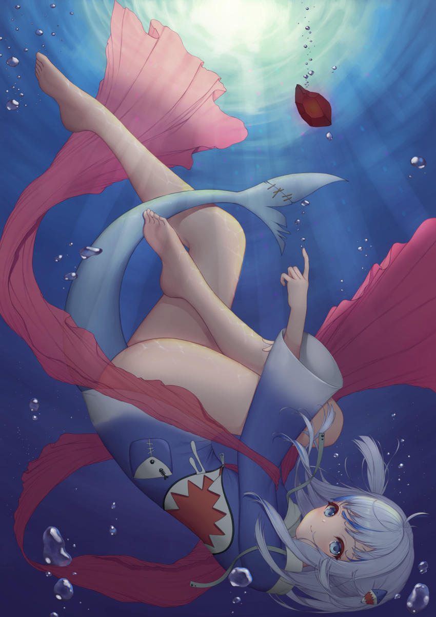 absurdres ahoge baeg_mi barefoot blue_eyes blue_hair bottomless bubble closed_mouth commentary_request feet female fins fish_tail full_body gawr_gura gawr_gura_(1st_costume) gem highres hololive hololive_english knees_up light_blue_hair long_sleeves looking_at_viewer medium_hair multicolored_hair outdoors pocket shark_girl shark_print shark_tail smile solo streaked_hair tail toes two-tone_background underwater upside-down virtual_youtuber wide_sleeves