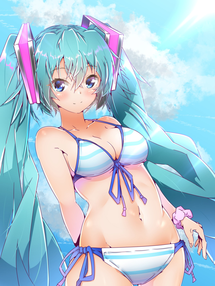 absurdres aqua_eyes aqua_hair arched_back arm_behind_back bikini blue_sky breasts cleavage cloud collarbone commentary cowboy_shot crotch day female front-tie_top hair_between_eyes halkawa501 halterneck hatsune_miku highres leaning_back light_rays linea_alba long_hair looking_at_viewer lowleg lowleg_bikini medium_breasts navel outdoors scrunchie side-tie_bikini_bottom sideboob sky smile solo striped_bikini striped_clothes sunbeam sunlight sway_back swimsuit tsurime twintails very_long_hair vocaloid wrist_scrunchie